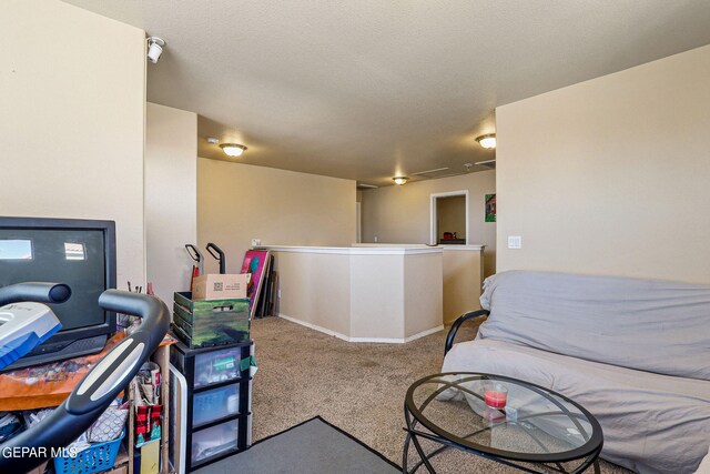 bedroom featuring light carpet and a textured ceiling