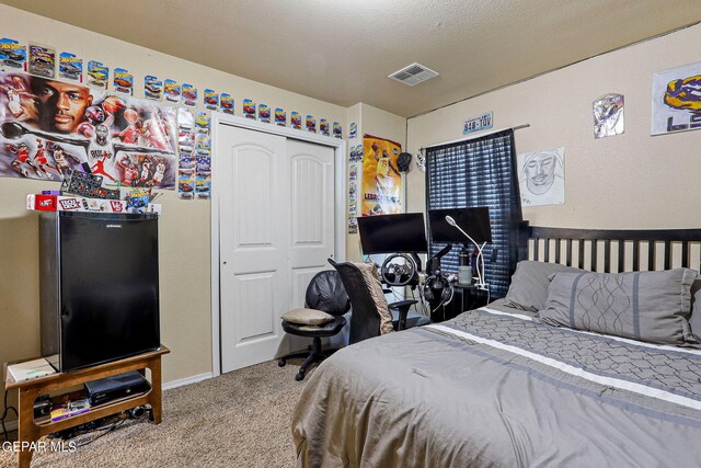 bedroom featuring carpet floors, a textured ceiling, and a closet