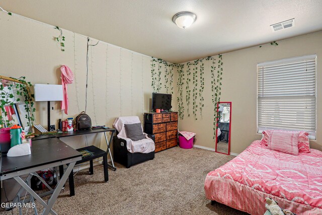 carpeted bedroom with a textured ceiling