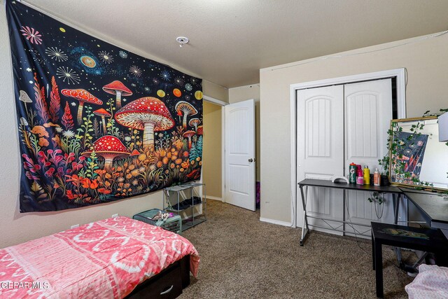 carpeted bedroom with a textured ceiling and a closet