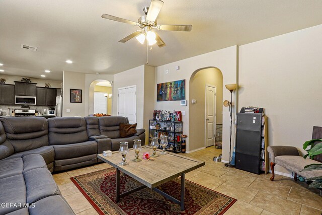 living room featuring ceiling fan