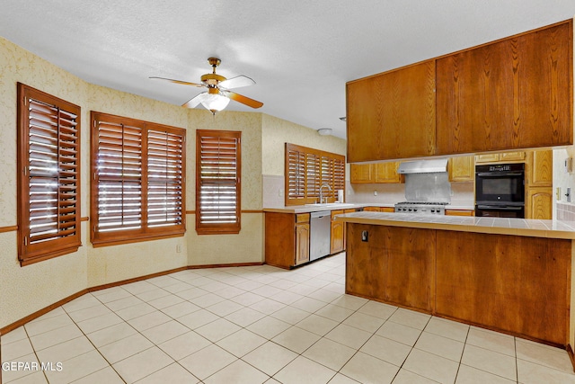 kitchen featuring ceiling fan, sink, kitchen peninsula, extractor fan, and stainless steel appliances