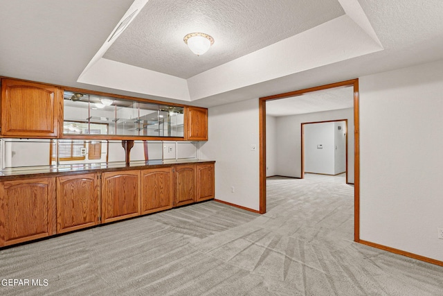 kitchen with a textured ceiling, a raised ceiling, and light colored carpet