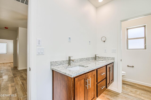 bathroom with wood-type flooring, vanity, and toilet