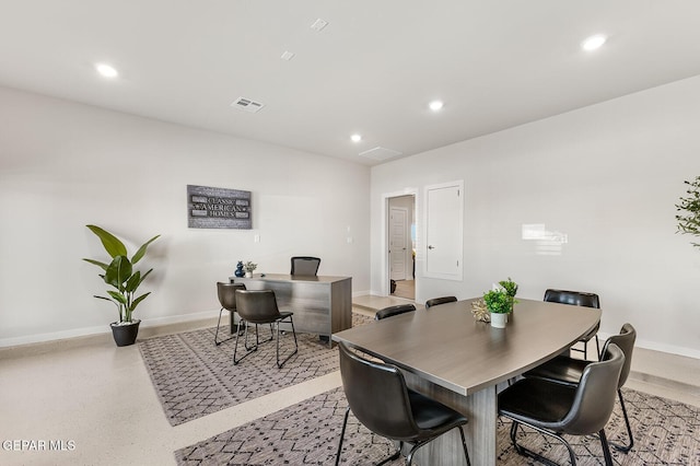 dining space featuring baseboards, visible vents, and recessed lighting