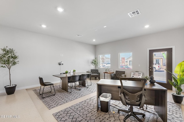 home office with recessed lighting, visible vents, and baseboards