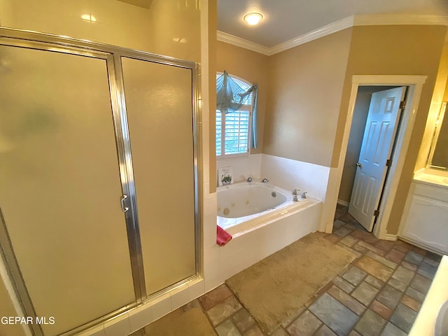 bathroom featuring crown molding and shower with separate bathtub