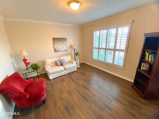 living room featuring ornamental molding and dark hardwood / wood-style flooring