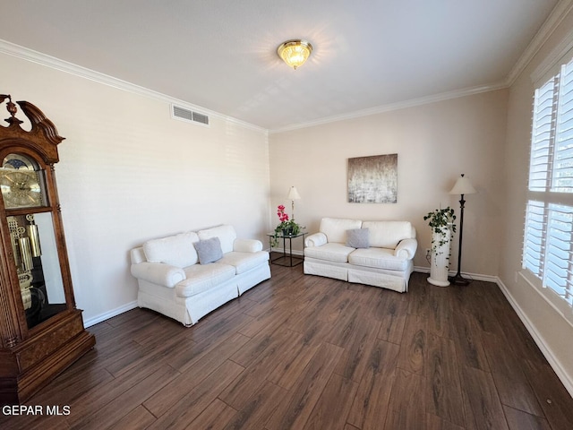 living room with dark hardwood / wood-style flooring and crown molding