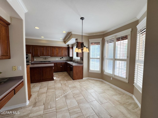 kitchen featuring pendant lighting, sink, crown molding, dishwasher, and a kitchen island