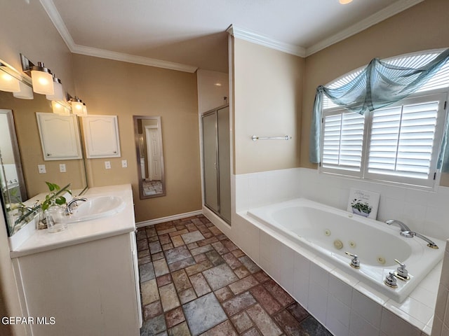 bathroom with ornamental molding, plus walk in shower, and vanity