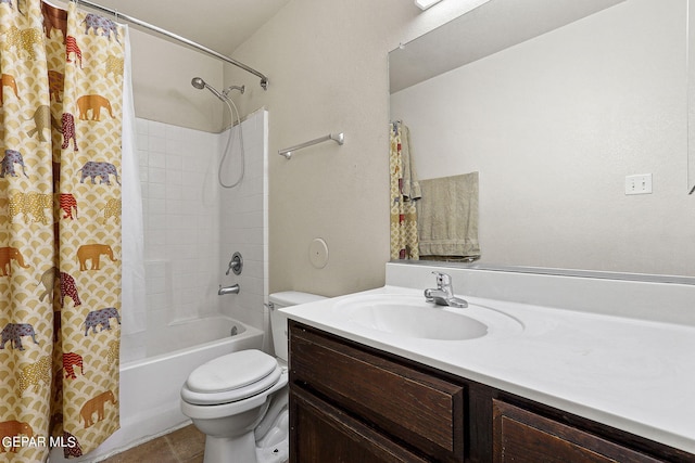 full bathroom with vanity, tile patterned flooring, toilet, and shower / bathtub combination with curtain