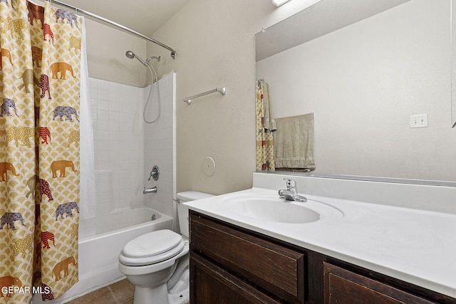 bathroom with toilet, tile patterned flooring, shower / bath combo, and vanity