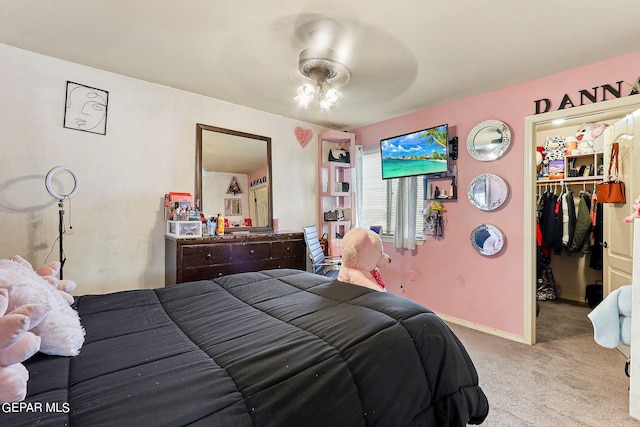 carpeted bedroom with ceiling fan, a closet, and a walk in closet