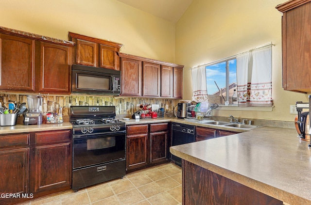 kitchen with backsplash, high vaulted ceiling, black appliances, and sink