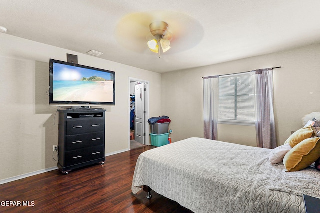 bedroom featuring a closet, dark hardwood / wood-style floors, a walk in closet, and ceiling fan