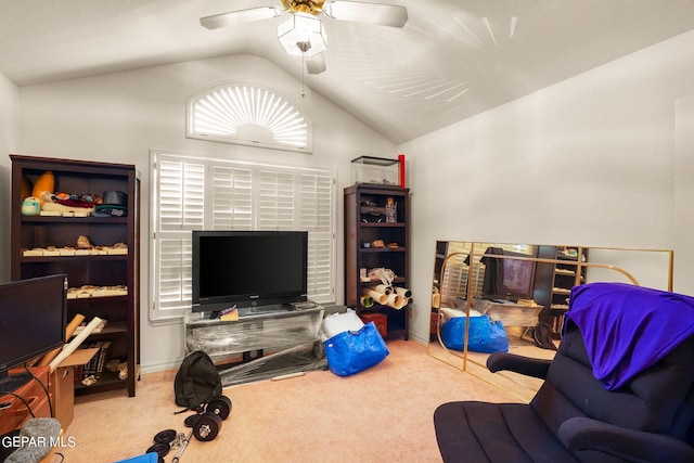 851 Via Alegre Ln, El Paso, TX 79912 - living area with lofted ceiling, carpet flooring, and ceiling fan