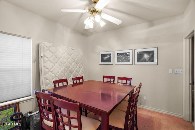 dining area with ceiling fan and carpet floors