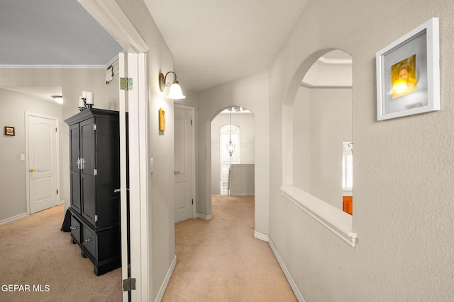 corridor featuring crown molding and light carpet