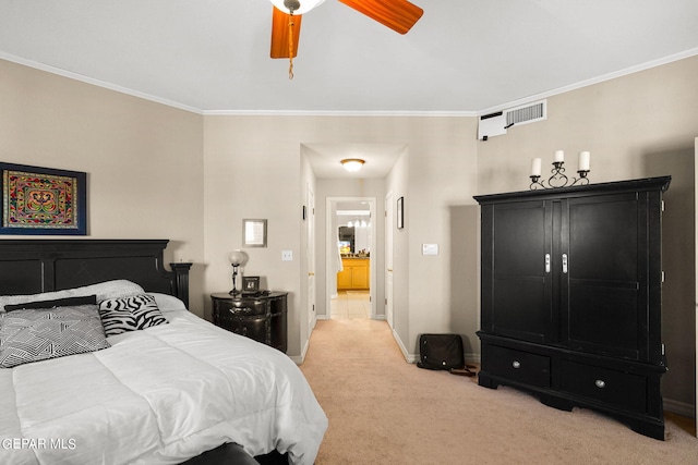 carpeted bedroom featuring ornamental molding and ceiling fan