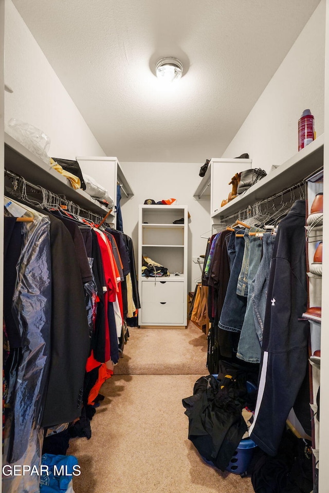 walk in closet with light carpet