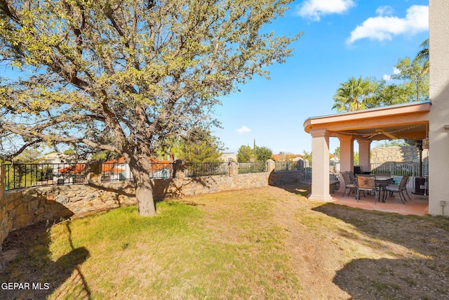 view of yard with a patio and ceiling fan