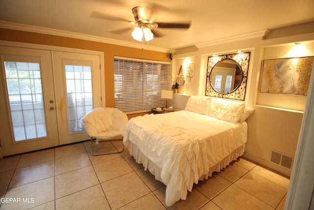 tiled bedroom featuring french doors, crown molding, access to exterior, and ceiling fan