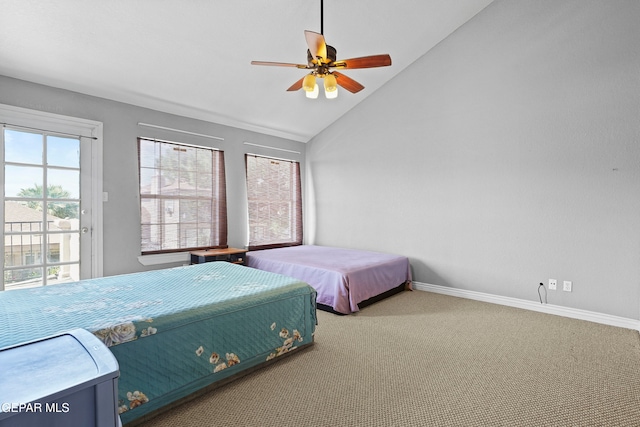 bedroom with high vaulted ceiling, ceiling fan, and carpet