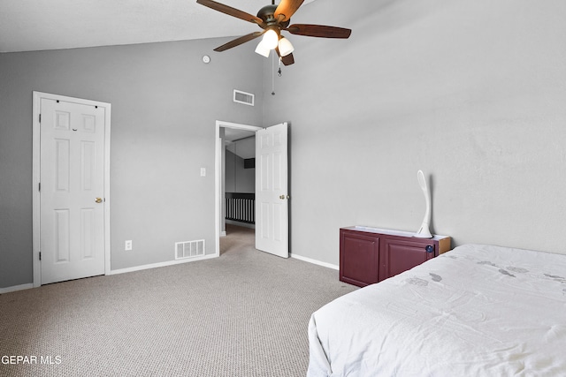 bedroom with ceiling fan, carpet flooring, and high vaulted ceiling