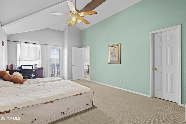 bedroom featuring ceiling fan, vaulted ceiling, access to outside, and carpet flooring