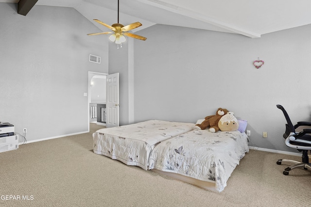 carpeted bedroom featuring lofted ceiling and ceiling fan