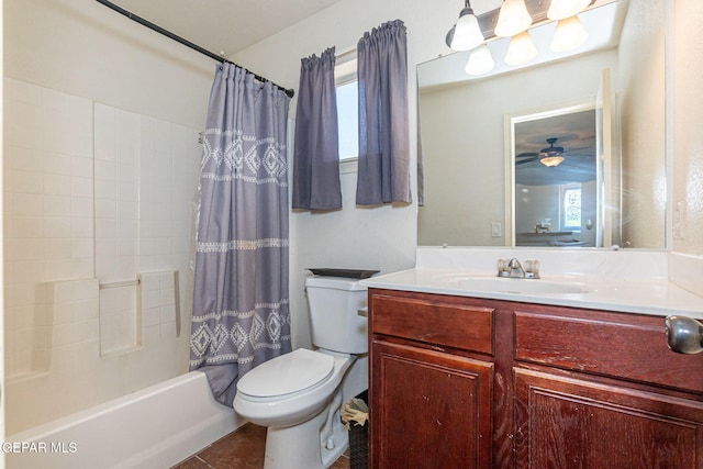 full bathroom featuring plenty of natural light, shower / bath combo, toilet, and vanity