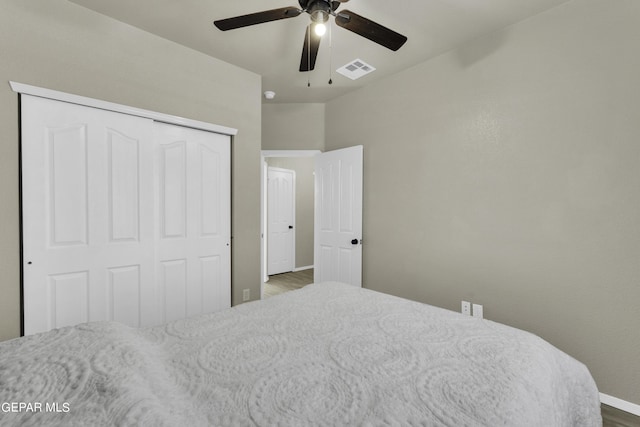 14241 Craggy Rock Ave, El Paso, TX 79938 - bedroom featuring wood finished floors, a closet, ceiling fan, baseboards, and visible vents