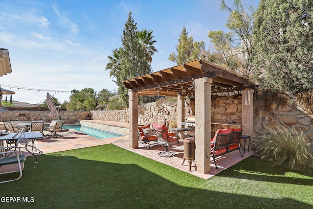 exterior space featuring an outdoor living space, a patio, a lawn, and a pergola