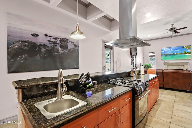 kitchen with island range hood, an island with sink, black range, and dark stone counters