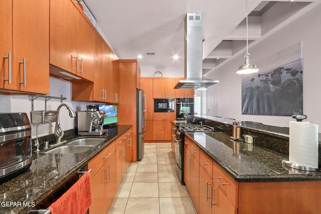 kitchen featuring light tile patterned flooring, sink, island exhaust hood, black appliances, and dark stone counters