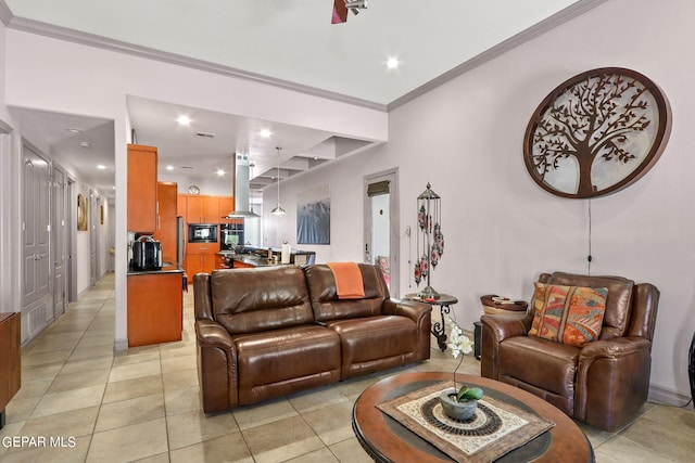 tiled living room with ornamental molding