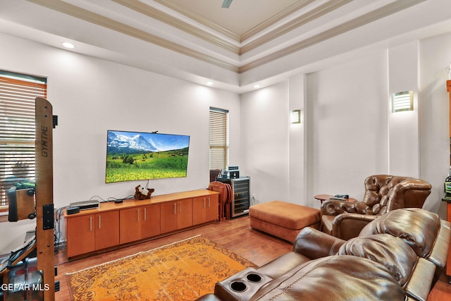 cinema room featuring light wood-type flooring and crown molding