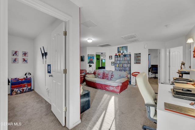 living room featuring light carpet