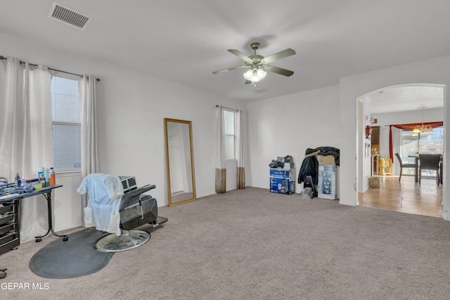 misc room featuring ceiling fan, plenty of natural light, and light colored carpet