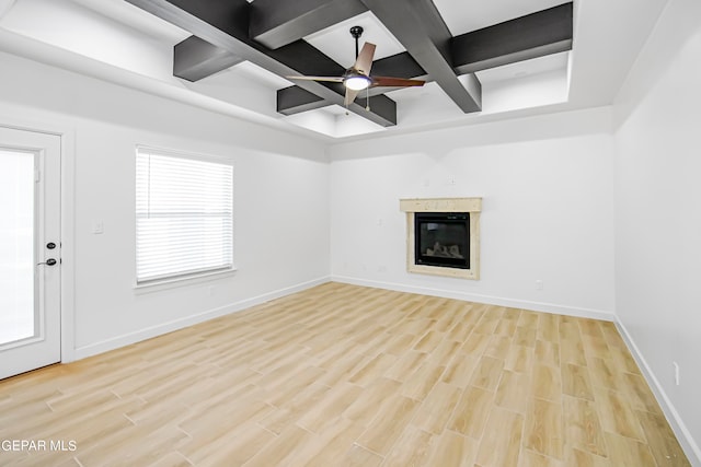 unfurnished living room featuring coffered ceiling, light wood-type flooring, beam ceiling, and ceiling fan