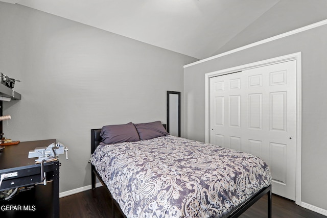 bedroom with lofted ceiling, dark wood-type flooring, and a closet