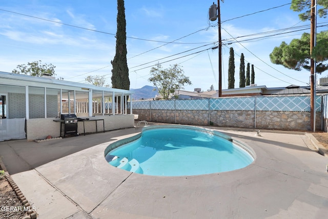 view of pool featuring a fenced backyard, grilling area, a patio, and a fenced in pool