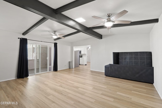 unfurnished living room featuring a ceiling fan, light wood-style floors, baseboards, and lofted ceiling with beams