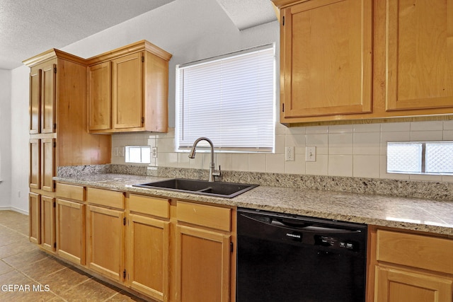 kitchen featuring black dishwasher, light tile patterned floors, backsplash, a textured ceiling, and sink