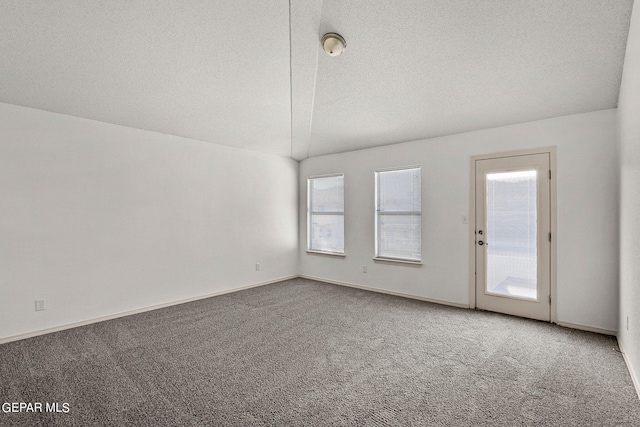 spare room with vaulted ceiling, carpet, and a textured ceiling