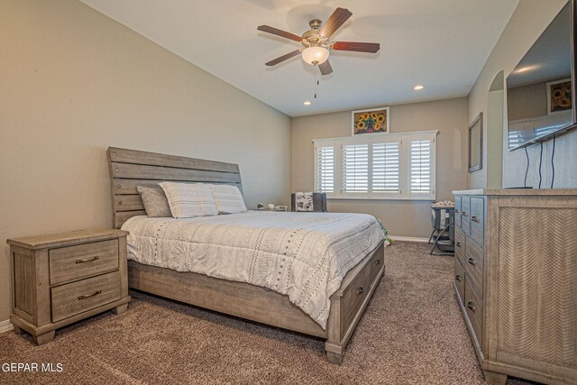 carpeted bedroom featuring ceiling fan