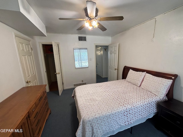 carpeted bedroom featuring ceiling fan