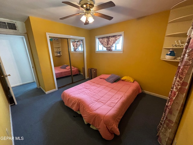 bedroom featuring a closet, carpet flooring, and ceiling fan