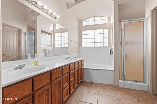 bathroom with vanity, separate shower and tub, and tile patterned flooring